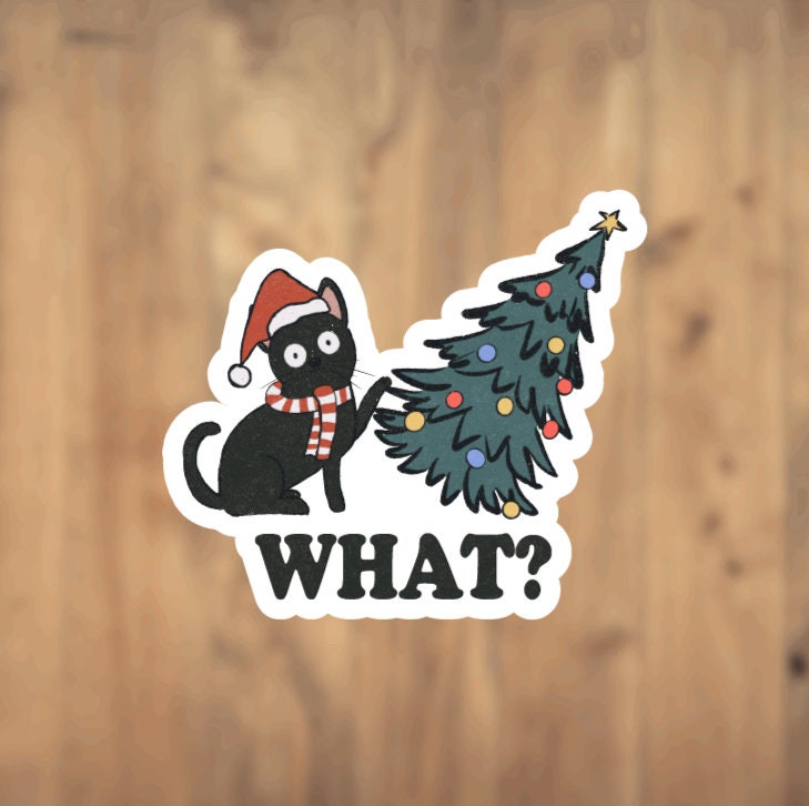 Santa Cat Knocking Over Christmas Tree Christmas Holiday Festive Vinyl Sticker