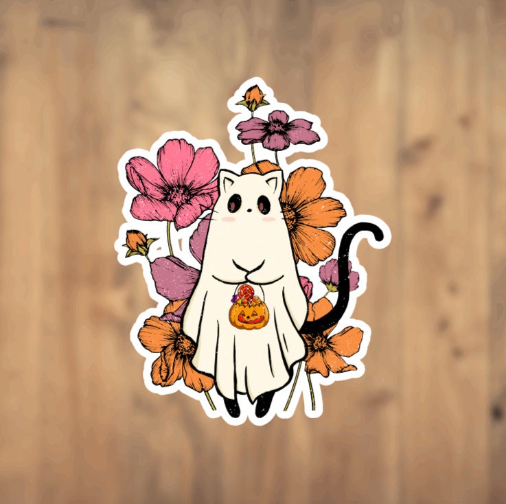 Floral Ghost Cat Trick Or Treater Halloween Cat Tricks and Treats Vinyl Sticker