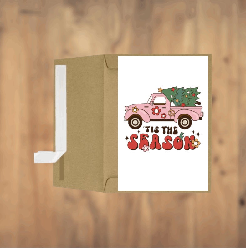 Tis The Season Groovy Christmas Pink Truck Christmas Tree Retro Christmas Card Greeting Card Seasonal Card Holiday Card Blank Card