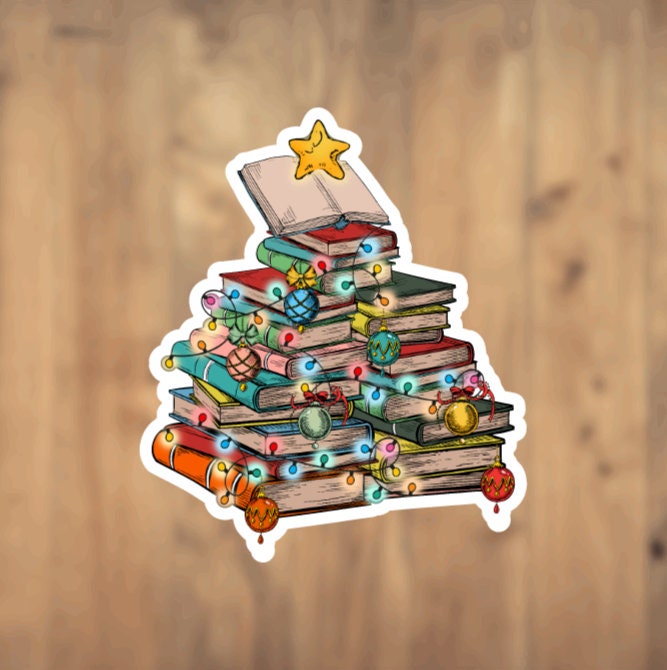 Christmas Tree By Book, Book Tree, Reading Lover, Reading, Books, Vinyl Sticker, Holiday, Festive, Jolly, Christmas Lights, Laptop, Phone