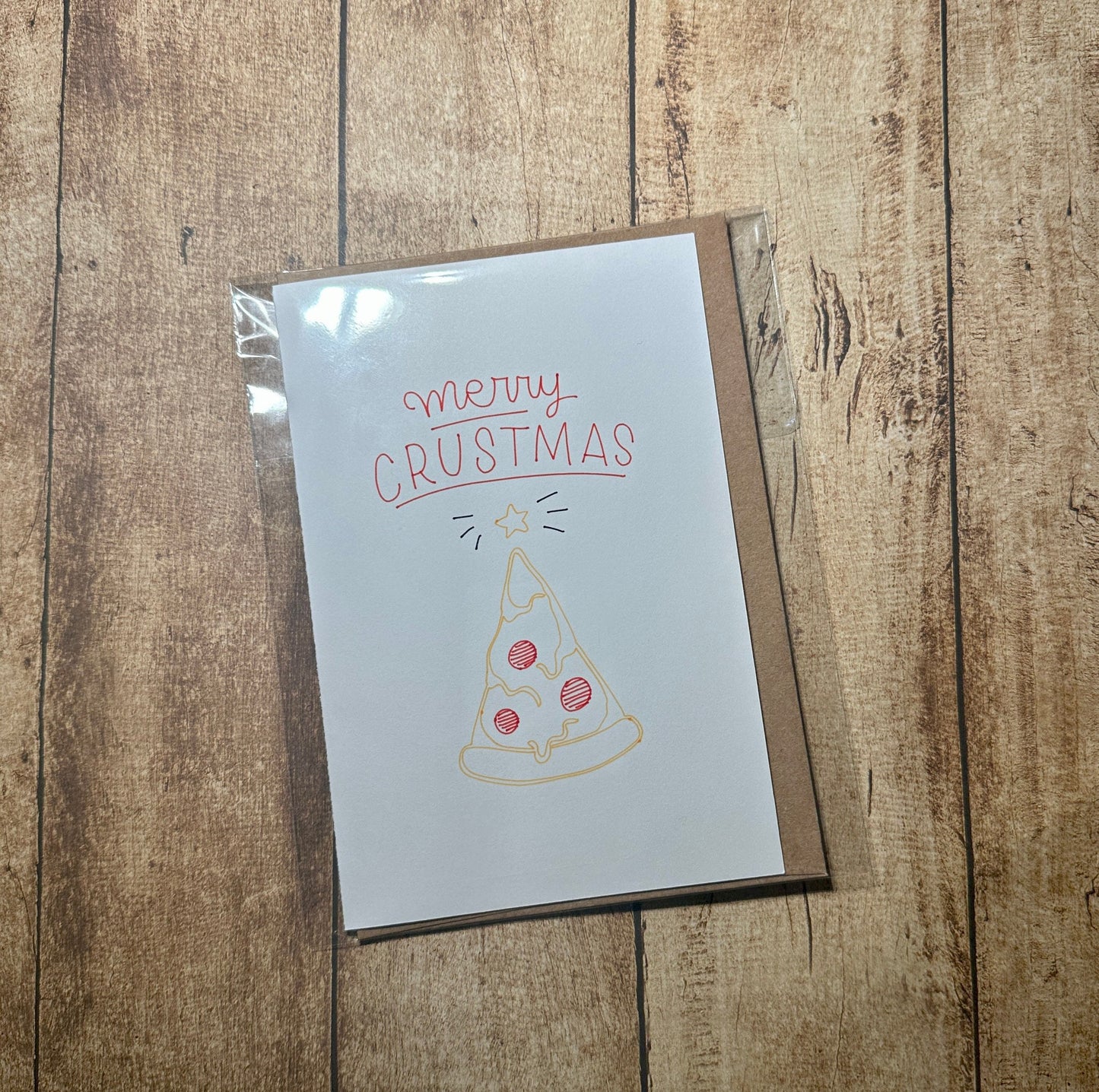 Merry Crustmas Pizza Greeting Card, Holiday Card, Christmas Card, Blank Card, Drawn, Handmade