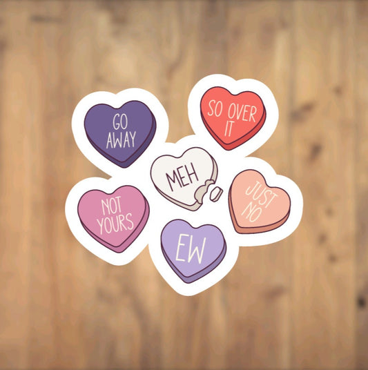 Candy Hearts, Anti-Valentine's Day, Vinyl Sticker, Gift, Heartbreak, Laptop, Phone Case, Single,