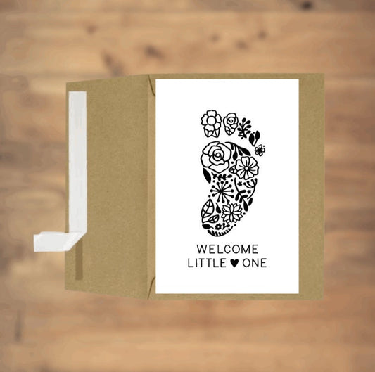 Welcome little one, mandela, floral, greeting card, baby shower, new born, new baby, gift, pregnancy, friend, family, blank, 4 by 6