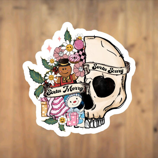 Sorta Merry, Sorta Scary, Holiday, Skull, Vinyl Sticker, Spooky, Season, Christmas, Halloween, Laptop, Phone, Tumbler