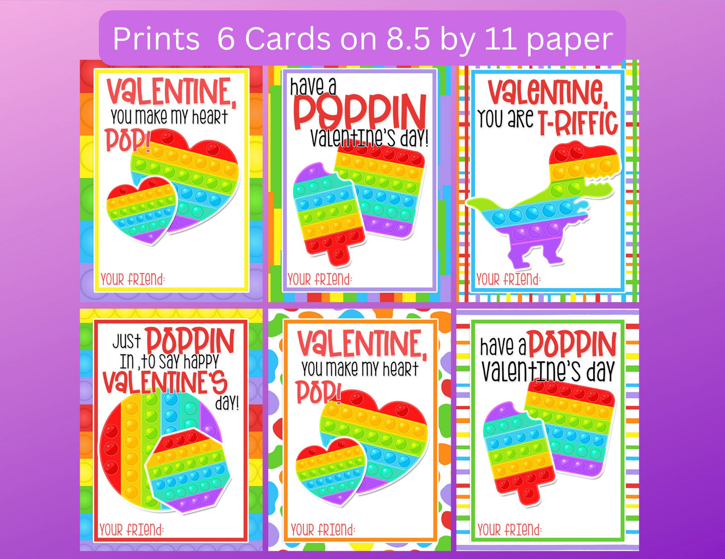 DIGITAL DOWNLOAD ONLY, Printable Valentines Day Cards, Pop it, For Kids, Gift, Trendy, School, Rainbow, Pastel