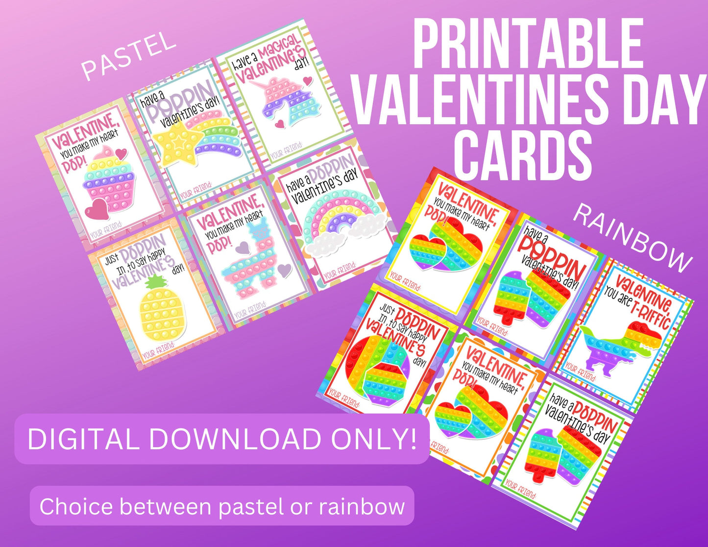 DIGITAL DOWNLOAD ONLY, Printable Valentines Day Cards, Pop it, For Kids, Gift, Trendy, School, Rainbow, Pastel