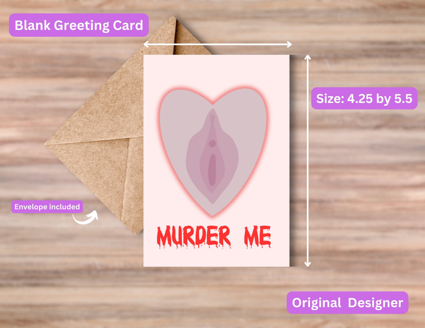 Original Art Murder Me Hand Drawn Vulva Blank Greeting Card, Valentine, For Him, For Her, Gift, Holiday, Vagina, Adult Content, Raunchy