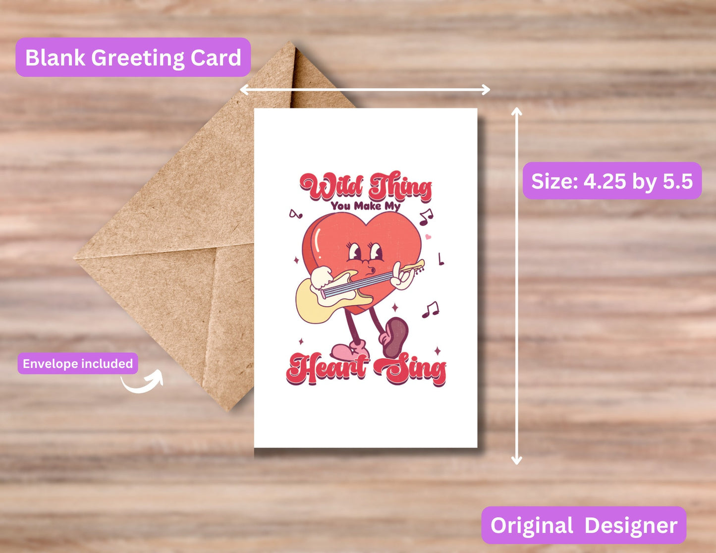 Wild Thing You Make My Heart Sing Greeting Card, Blank Card, Valentine's Day, Holiday, Gift, Singing Heart, Guitar, Love, Music Lyrics, Cute