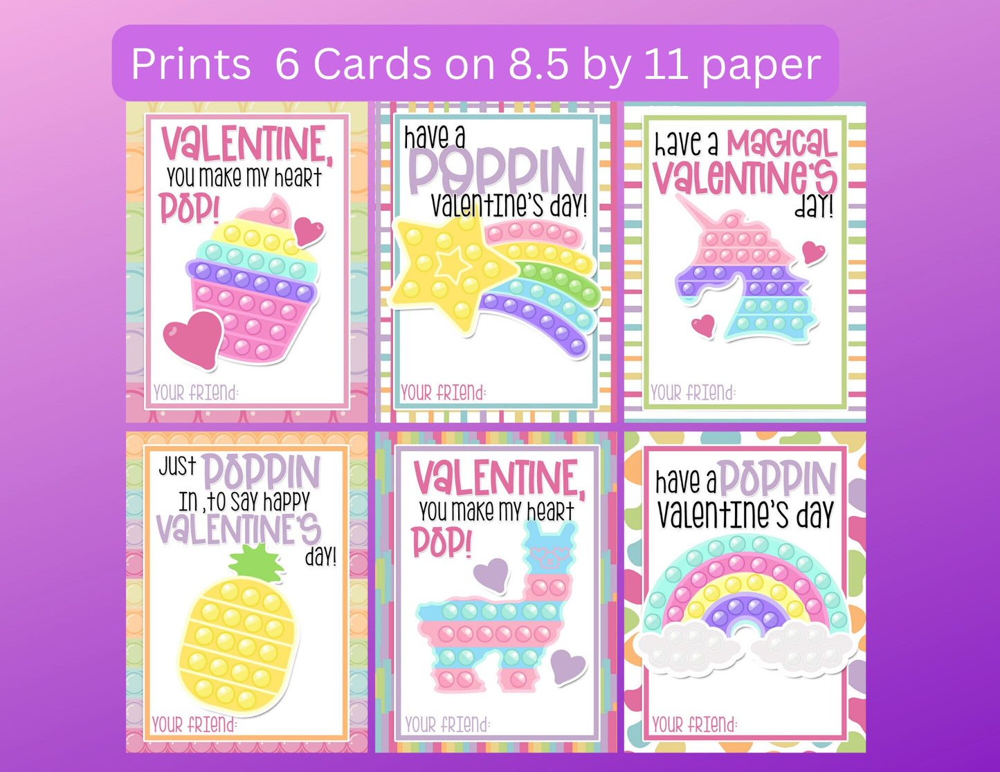 DIGITAL DOWNLOAD ONLY, Printable Valentines Day Cards, Pop it, For Kids, Gift, Trendy, School, Rainbow, Pastel