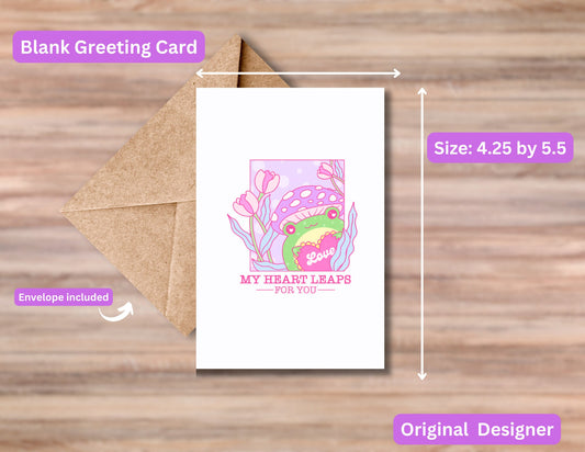 My Heart Leaps For You Mushroom Hat Frog Blank Greeting Card, Valentine's Day, Love, Cottagecore Aesthetic, Cute, Trend, Adorable, Gift, A2